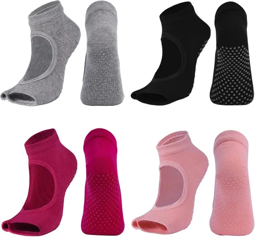 Vista 2 de 4 Pairs Pilates Toeless Socks Non Slip Grip Barre Ballet Yoga Socks for Women Anti Skid Cotton Socks for Dance