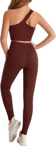 Vista 6 de Yknktstc Conjuntos de entrenamiento para mujer, brasier deportivo acanalado sin costuras, traje de 2 piezas, cintura alta, gimnasio, yoga, leggings