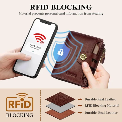 Vista 5 de Cartera de cuero con doble pliegue para mujer, bloqueo RFID, tarjetero compacto, cartera pequeña con ventana para identificación extraíble, Retro