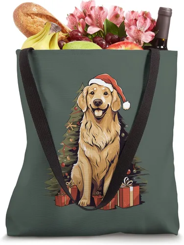Vista 4 de Árbol de Navidad y divertido Santa Golden Retriever Christmas Tote Bag
