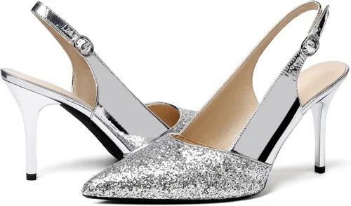 Vista 2 de SAMMITOP Zapatos de tacón alto con purpurina de charol para mujer, punta puntiaguda, zapatos de tacón alto para fiesta, boda, graduación