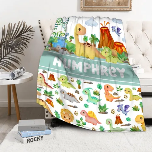 Vista 4 de Manta de regalo personalizada de dinosaurio con nombre para niñas, niños, recién nacidos, dinosaurio, manta personalizada para envolver al bebé