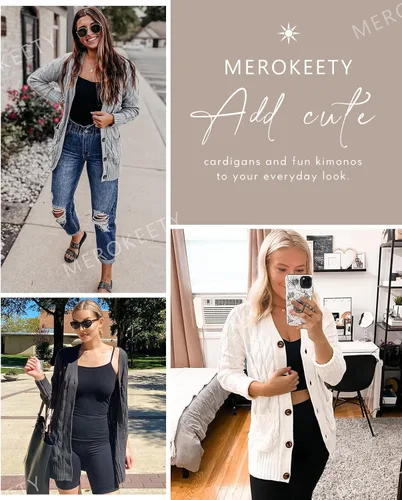 Vista 5 de MEROKEETY - Suéter de punto trenzado y manga larga para mujer, estilo cárdigan abierto al frente, con botones, para otoño, ropa de exterior holgada