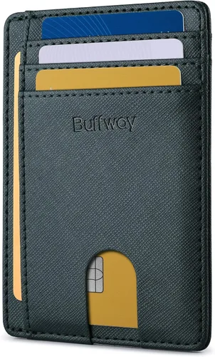 Vista 16 de Buffway - Carteras de cuero delgadas minimalistas con bolsillo frontal y bloqueo RFID para hombres y mujeres, negro (Alaska Black), Minimalista