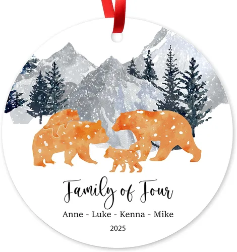 Vista 13 de Adorno de Navidad de familia de 3 2025, adorno personalizado para la primera Navidad del bebé, recuerdo de adorno familiar con tema de oso, 3.5 Co-03