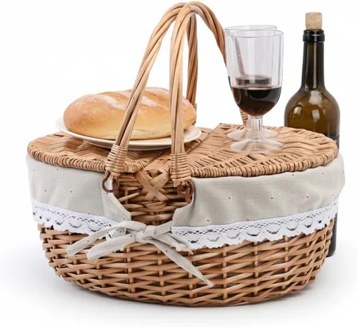 Vista 4 de Cesta de picnic de mimbre con tapa y asa, cuerpo tejido resistente con forro lavable, flores pequeñas