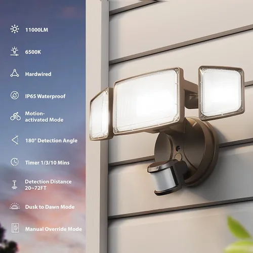 Vista 3 de Onforu Luces LED con sensor de movimiento de 100 W, luz de inundación del anochecer al amanecer, sensor de movimiento al aire libre, luces