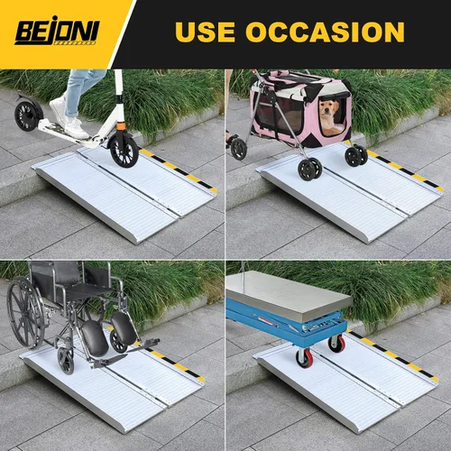 Vista 6 de BEJONI Rampa de silla de ruedas portátil plegable plateada de 3 pies, rampa de umbral de aluminio antideslizante para escalones y puertas del hogar