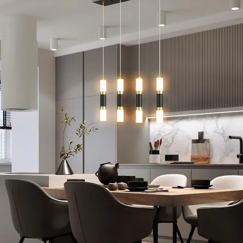 Vista 4 de Lámpara colgante moderna de 4 luces para isla de cocina, regulable, LED, negro, mini luces colgantes, comedor, cocina, color negro y dorado