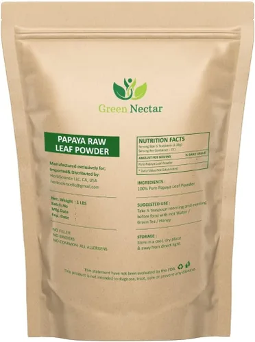 Vista 2 de Hojas de papaya en polvo 16.01 oz (1 libra/16 oz) Papaya Carica Polvo de hoja de papaya beneficia el cabello y la piel (16 onzas (1 paquete)