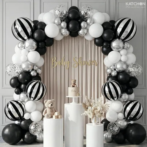 Vista 6 de Katchon, Globos grandes de color negro y plateado, 22 pulgadas, paquete de 6, globos a rayas para decoraciones de fiesta en negro y plateado