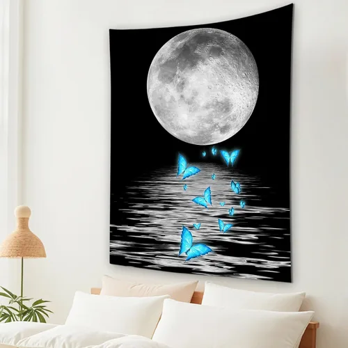 Vista 18 de LB Tapiz pequeño de luna llena sobre océano, tapiz de pared de cielo nocturno estrellado, fantasía 3D, arte de pared de luna grande en blanco