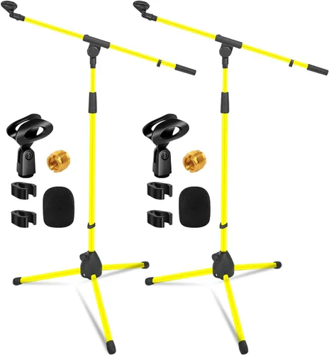 Vista 10 de Soporte de micrófono de 5 núcleos para piso, 2 soportes de micrófono de doble trípode ajustables con capacidad para 2 micrófonos con brazo