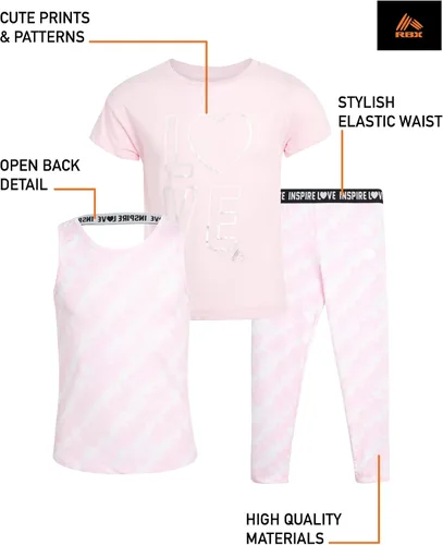 Vista 2 de RBX Conjunto deportivo para niña - Camiseta de manga corta de alto rendimiento, camiseta sin mangas y leggings capri (4-12)