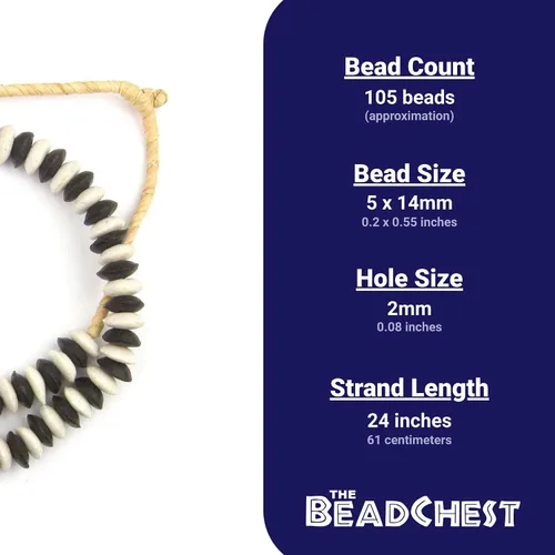 Vista 3 de TheBeadChest Ashanti - Cuentas de platillo de vidrio de comercio justo, espaciadores tribales africanos de disco Rondelle (negro y blanco)