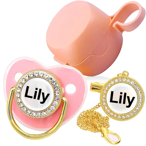 Vista 6 de Chupete personalizado con nombre, set de clip para chupete dorado brillante con caja de almacenamiento, chupete personalizado con purpurina