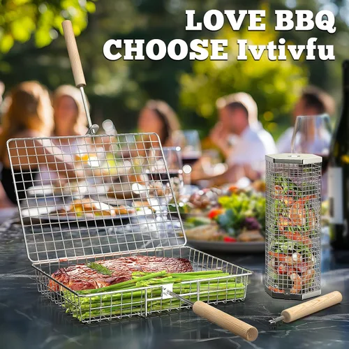 Vista 6 de Ivtivfu Juego de cesta para parrilla, mango de madera removible, acero inoxidable 304, herramientas de barbacoa con ruedas, accesorios para parrilla