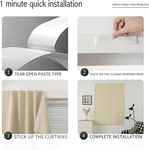 Vista 3 de Cortinas opacas con cinta autoadhesiva, sin barra, sin taladro, cubierta de ventana fácil de instalar para dormitorio, cocina, dormitorio, 34