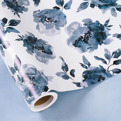 Vista 2 de RUSPEPA Papel de regalo reversible floral para niñas y mujeres, mini rollo, acuarela azul floral y azul sólido papel de regalo para cumpleaños