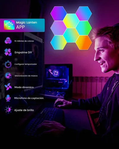 Vista 2 de NIUCOO Paneles de pared con luces LED hexagonales, luces RGB inteligentes para juegos con aplicación y sincronización de música, azulejos