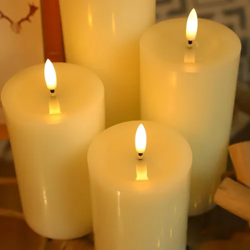 Vista 4 de Lezonic Velas LED de color marfil sin llama con temporizador remoto, paquete de 4 velas parpadeantes, diseño de grasa, pilar de cera real