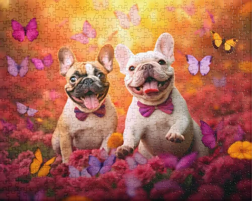 Vista 5 de Superb Home Adorable rompecabezas de 2 perros Bulldog Francés Persecución Mariposas 252 piezas Rompecabezas de mejores amigos, hermanos, parejas