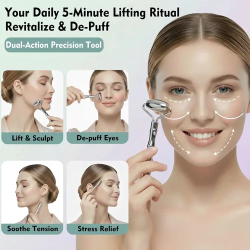 Vista 3 de Juego de rodillo facial de acero inoxidable 3 en 1 y Gua Sha – Herramientas de masaje facial de enfriamiento para esculpir, deshinchar y definir