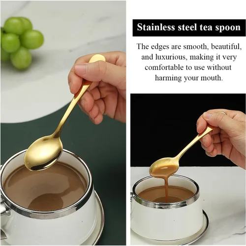 Vista 6 de Evanda 12 cucharaditas doradas, acero inoxidable chapado en titanio dorado, cuchara de té de 5.5 in, cubiertos para té, café, pasteles, postres