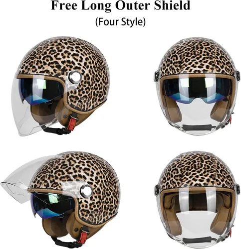 Vista 4 de Casco de motocicleta de cuero PU brillante vintage 3/4, con certificación DOT, con visor doble, casco de cara abierta, casco de media cara