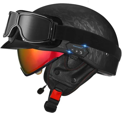 Vista 18 de Casco de cara abierta con Bluetooth para hombres y mujeres, casco retro de estilo alemán con diseño de calavera, visera con gafas, casco de media