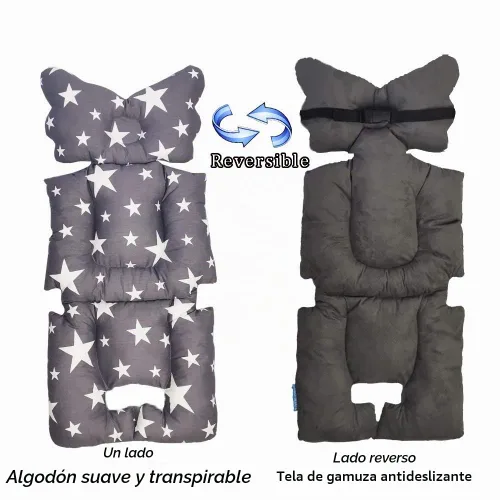 Vista 4 de Cojín de asiento para cochecito, cojín reversible de algodón para recién nacido, universal, acolchado grueso, antideslizante, estrella gris