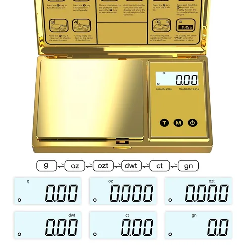 Vista 2 de Báscula digital Gram 7.05 oz x 0.00 oz, báscula de bolsillo chapada en titanio dorado con pantalla LCD retroiluminada, 6 unidades, tara, apagado