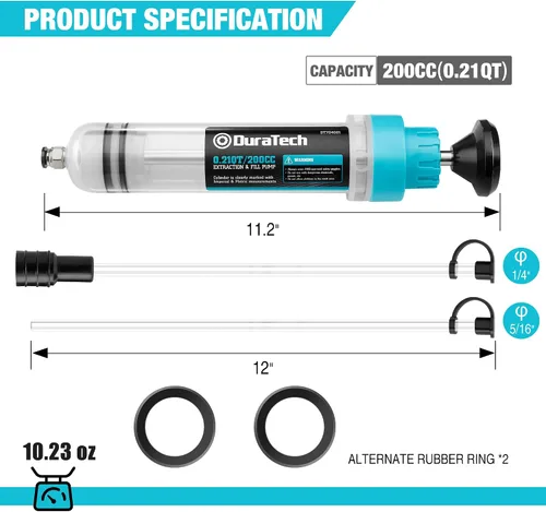 Vista 2 de DURATECH Extractor de Líquido Automotriz de 200CC, Bomba de Líquido con Tubos de Extensión Largos, Jeringa de Aceite con Potente Succión, Bomba
