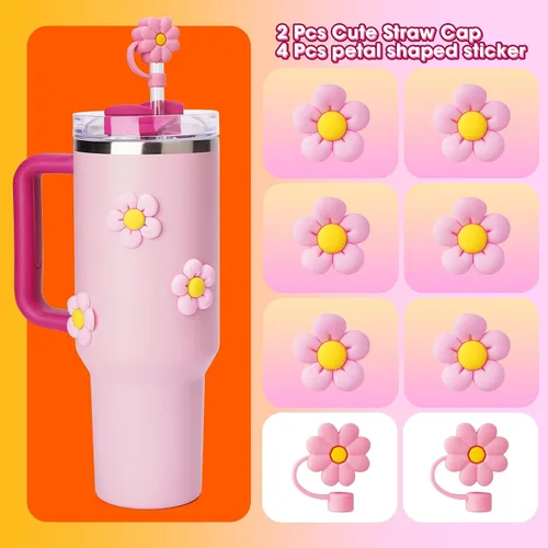 Vista 2 de Juego de accesorios compatibles con Stanley Cup, incluye 2 tapones de silicona a prueba de derrames, 6 piezas de decoración de pétalos para vaso