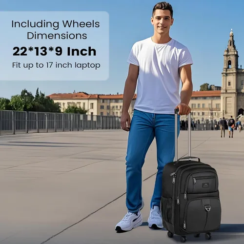 Vista 2 de MATEIN - Mochila rodante con 4 ruedas, mochila de viaje con ruedas para laptop de 17 pulgadas para mujeres y hombres, bolsa de negocios grande