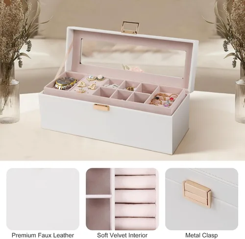 Vista 3 de Dajasan Cajas de joyería para mujeres y niñas, caja organizadora de joyas, caja organizadora de joyas de 2 capas con tapa transparente, organizador