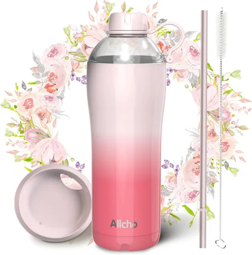 Vista 22 de Bow - Botella de agua aislada para mujeres, botellas de agua de acero inoxidable de 18 oz, de doble pared, 2 tapas (para beber y vaso) - Hidrata