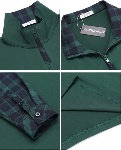 Vista 6 de Coofandy Polo de manga larga para hombre, estilo casual, ajustado, con cremallera, a cuadros