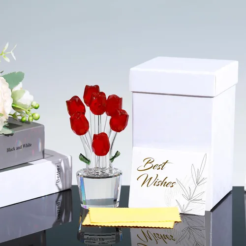 Vista 5 de Movdyka Figura de cristal de rosa roja con florero, ramo de flores, adorno de regalo para esposa, novia, mujer, flor de cristal hecha a mano