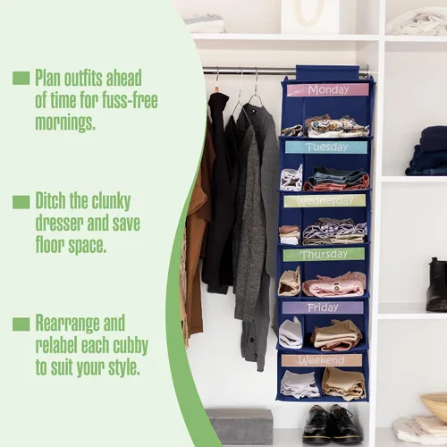 Vista 3 de Houseables Organizador de ropa para niños, organizador semanal de ropa para niños, almacenamiento diario de ropa, de lunes a viernes, día de la Azul