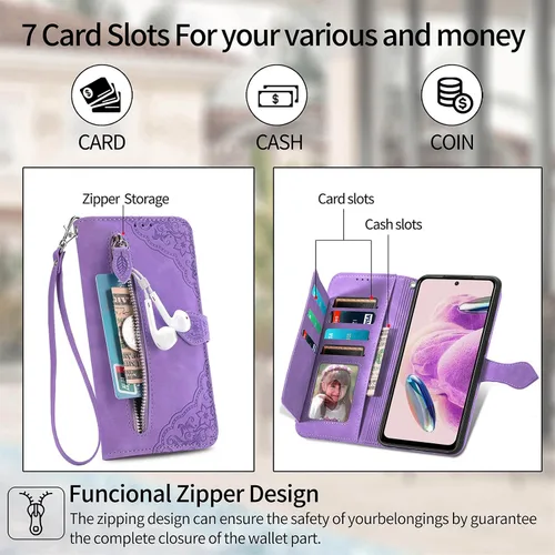 Vista 5 de Funda de teléfono tipo cartera para Redmi Note 12s, diseño de cremallera de hojas de alta capacidad con múltiples tarjetas, simple y versátil