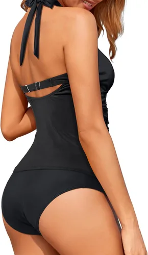 Vista 3 de Holipick Traje de baño tankini de dos piezas para mujer, con control de abdomen, cuello halter, con volantes, cuello en V, parte superior tankini