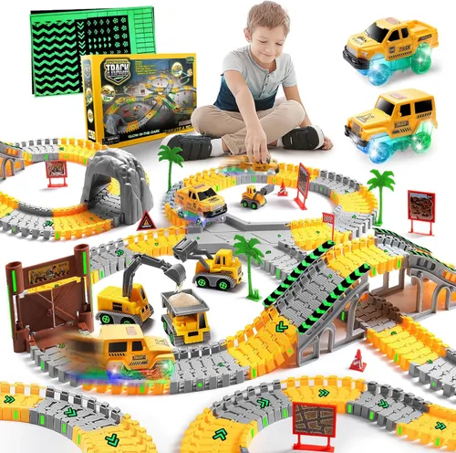 Vista 14 de 157 pistas de carreras de construcción para niños, juego de juguetes mágicos que brillan en la oscuridad con rampa de bucle de 360°, 1 auto