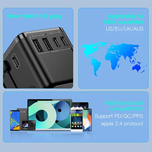 Vista 4 de Adaptador de viaje universal, adaptador de corriente internacional de 30 W y 5 puertos con 3 USB C y 2 USB A de carga rápida, convertidor de enchufe
