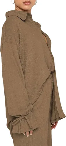 Vista 3 de Conjunto casual de 2 piezas para mujer, camisa con botones gráficos sólidos y pantalones palazzo de pierna ancha y cintura alta y pantalones cortos