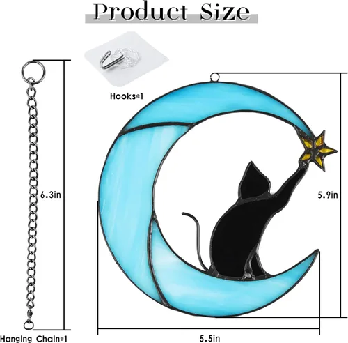 Vista 3 de Gato en luna con vitral, estrella para colgar en la ventana, decoración de regalo conmemorativo para mujeres (gato negro sobre luna azul)