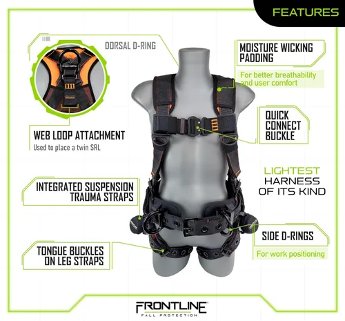 Vista 3 de FRONTLINE FALL PROTECTION Arneses + Anillo en D + Múltiples Estilos + Cumple con OSHA y ANSI