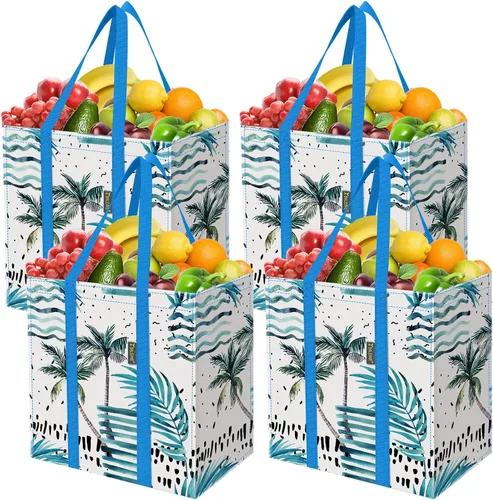 Vista 20 de BALEINE Paquete de 2 bolsas de comestibles reutilizables con parte inferior reforzada, bolsas plegables resistentes (follaje antiguo)