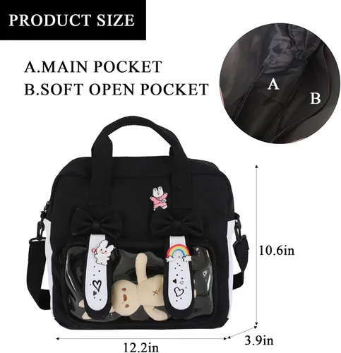 Vista 3 de Extolove Linda bolsa de mensajero, mochila kawaii, bolsa cruzada japonesa bolsa estética bolsa Ita bolsa con accesorios Kawaii