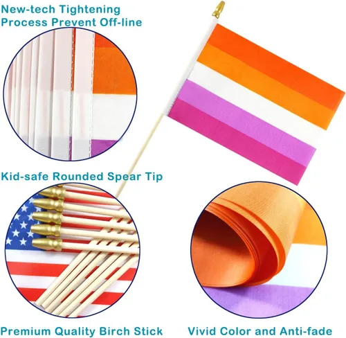 Vista 3 de Newperlite Sunset Lesbian Les Pride Stick Flag - Mini banderas LGBT de mano - Poste de madera maciza y parte superior de lanza, paquete de 12, 5 x 8